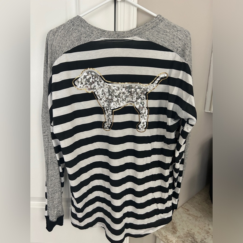 VS PINK bling shirt top Dog Gray Black & White Stripe Small